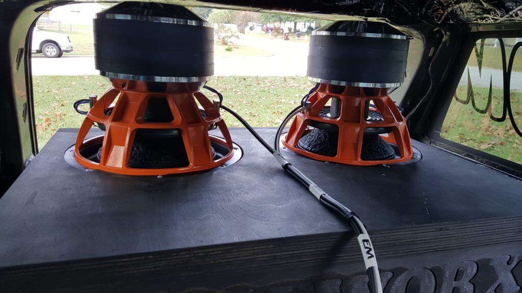Pair of EM Audio subwoofers wired up in a vehicle