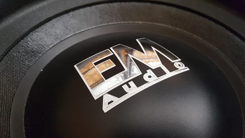 EM Audio logo dust cap on a USA hand built subwoofer