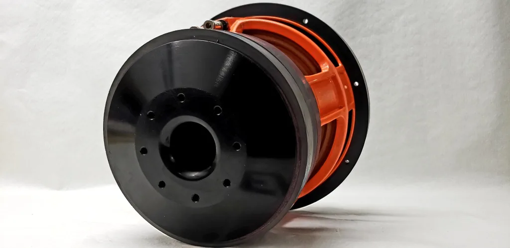 Hand built EM Audio subwoofer with an orange basket