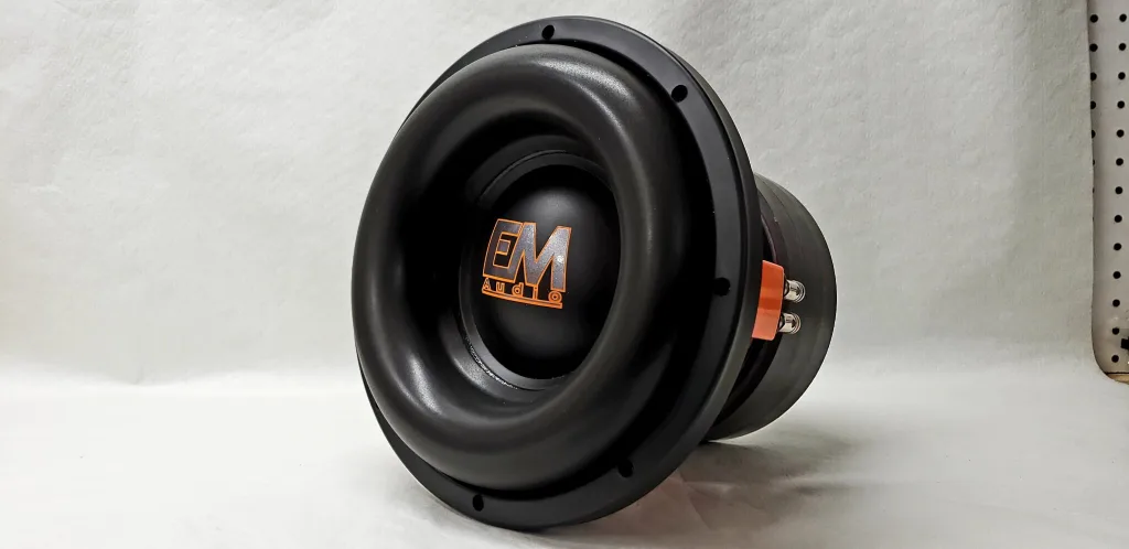Hand built EM Audio subwoofer with orange logo dust cap