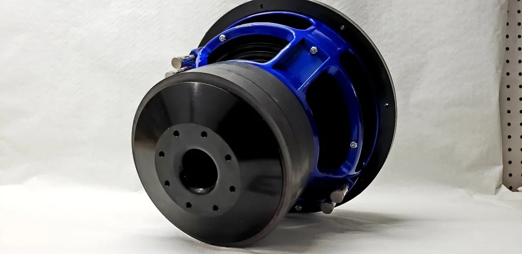 EM Audio subwoofer with a blue powder-coated basket