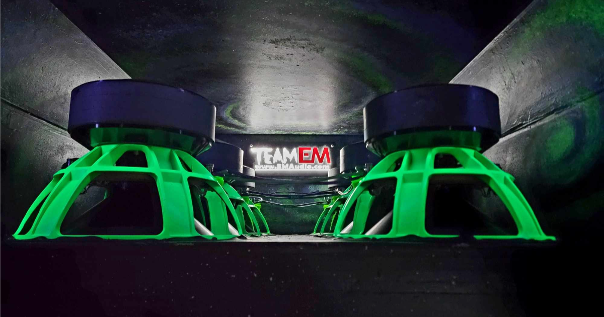 Team EM Audio subwoofers in a competition wall